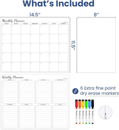 Non-Magnetic Dry Erase Calendar Set for Fridge - Reusable Monthly and Weekly Calendar Sticks to Most Smooth Surfaces - 6 Dry Erase Markers Included - Shipped Flat