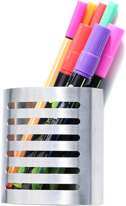 Magnetic Modern Pen and Pencil Holder, 3.25" x 1.75" x 3.50" | Metal Writing Utensil Storage Organizer for Kitchen, Locker, Home, or Office, Brushed Stainless Steel