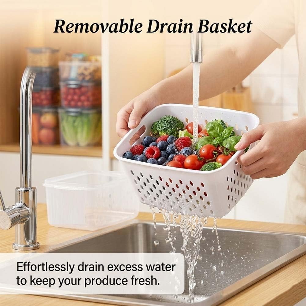 4 in 1 Food Storage Container-2/3 Pack Set with Lids, Fruit Storage Containers for Fridge with Removable Colander,Stackable Fridge Transparent Plastic Storages Box, Dishwasher Safe (Gray, S+M+L)