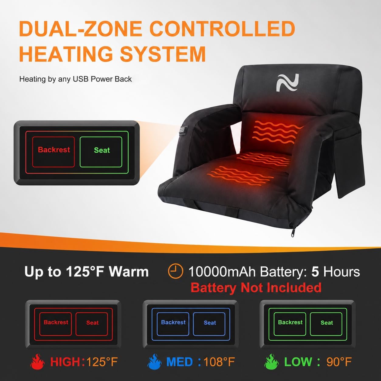 Wide Heated Stadium Seat for Bleachers w/Back Support & Cushion | 5-Position Adjustable Heated Stadium Seat with Armrests, 3 Heat Levels, Anti-Slip, Side Pockets, Backpack Straps (No Battery)