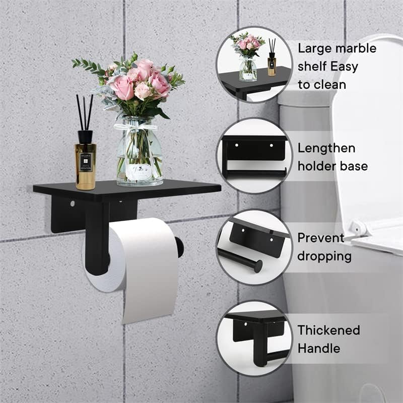 Toilet Paper Holder with Natural Marble Shelf for Bathroom Washroom,Wall Mounted Tissue Holder Suitable for Mega Roll (Brushed Nickel,Small 6.7 * 4.3 in)