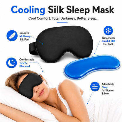 Silk Sleep Mask with Cooling Gel | Pure Mulberry Silk, Adjustable Strap, Superior Light Blocking, Includes Removable Ice Pack & Earplugs