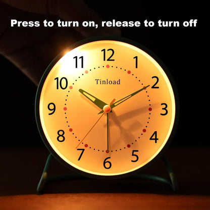Tinload 4.5" Battery Operated Analog Alarm Clock, Small Silent Bedside Desk Clock with Night Light, Blue