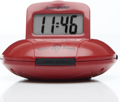Sonic Alert Digital Alarm Clock - Small Travel Clocks for Heavy Sleepers - Battery Operated with Vibrating Bed Shaker - Red