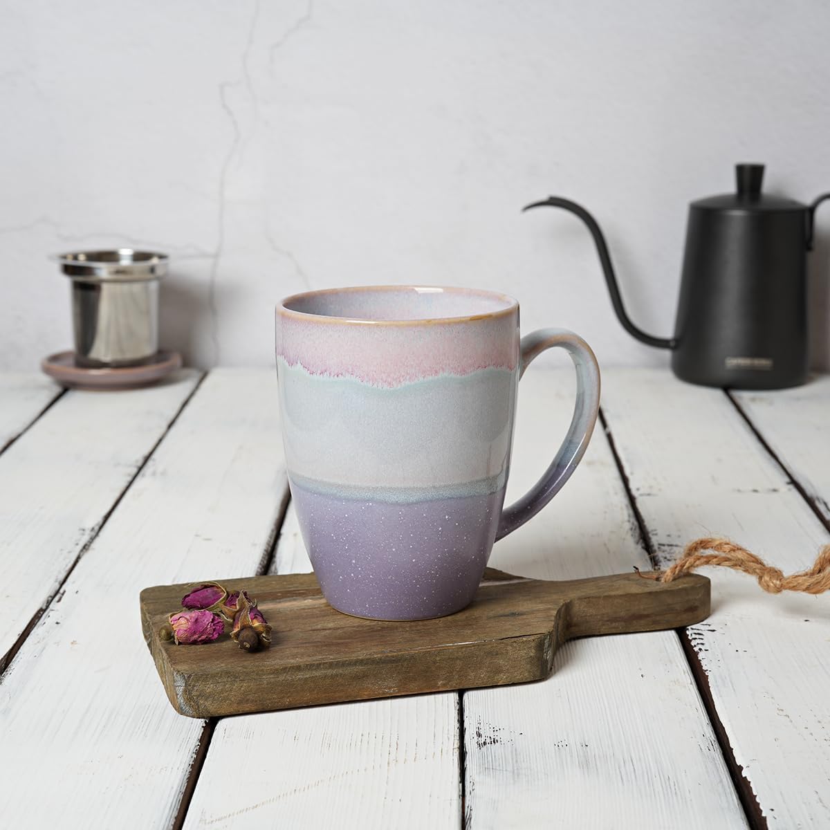 Bosmarlin Ceramic Tea Cup with Infuser and Lid, 13.5 Oz, 4 Colors to Choose, Microwave and Dishwasher Safe, Steeping Tea Mug with Strainer, Reactive Glaze (Purple)