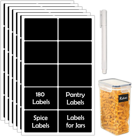 JIEHENG 180Pcs Labels for Jars,Black Wavy Stickers with 1 Chalk Markers | Black,Shape of Wavy,Reusable,Removable Labels for Storage Bins