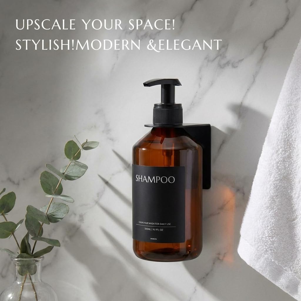 Shampoo and Conditioner Dispenser Set of 3 for Wall Mount | 16.9 fl oz Drill Free Shower Soap Bottles,Refillable Body Wash Dispensers for Bathroom Decor (Amber Bottles + Bamboo Pumps)