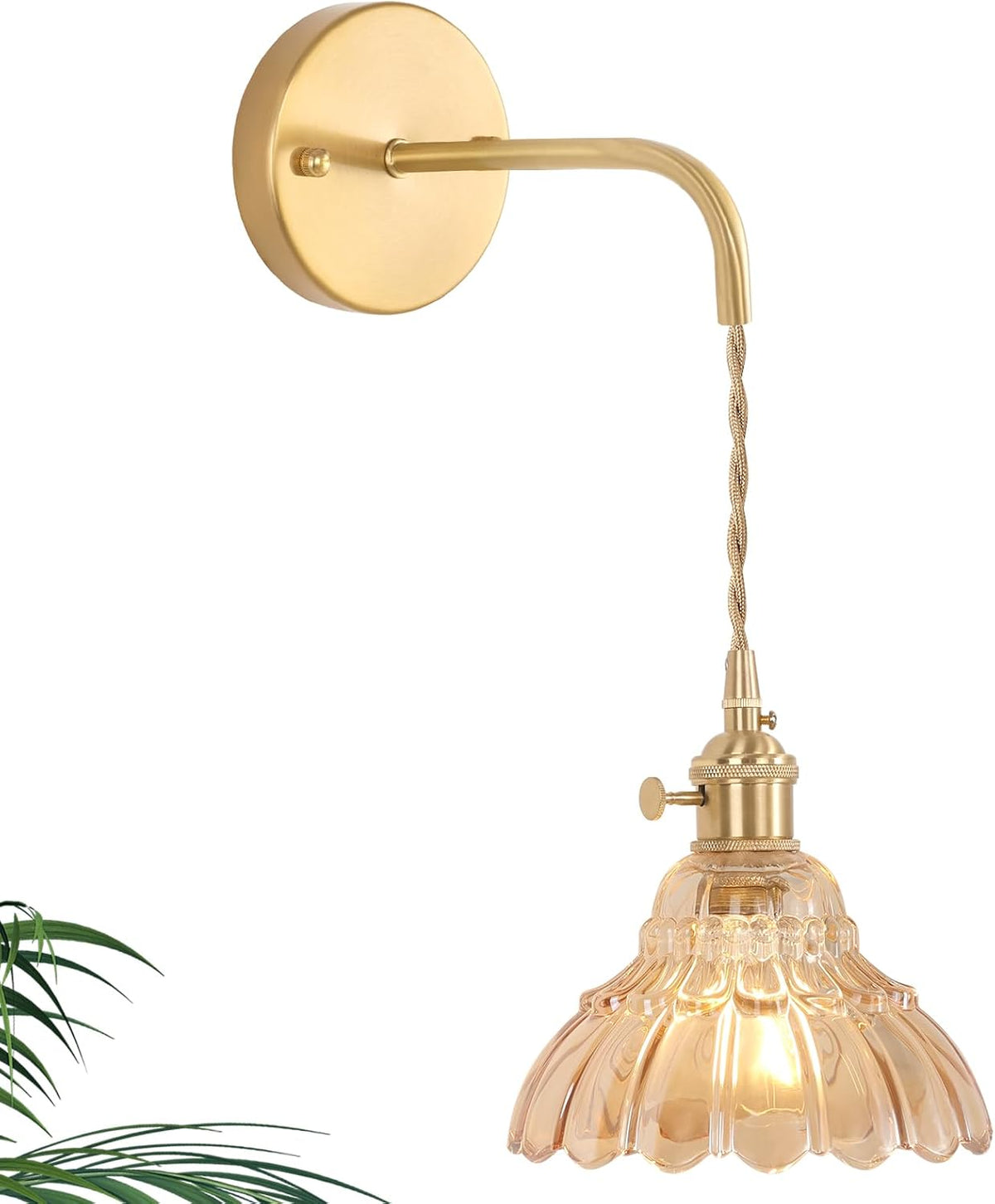 Shenmoyl Battery Operated Wall Sconce Wall Lamp with Green Lily of the Valley Shade Pattern Glass Adjustable Chain Retro Gold Wall Mounted Light, Modern Wall Lamp Fixtures Decor for Bedside Bedroom