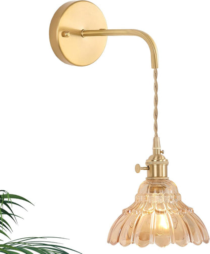 Shenmoyl Battery Operated Wall Sconce Wall Lamp with Green Lily of the Valley Shade Pattern Glass Adjustable Chain Retro Gold Wall Mounted Light, Modern Wall Lamp Fixtures Decor for Bedside Bedroom