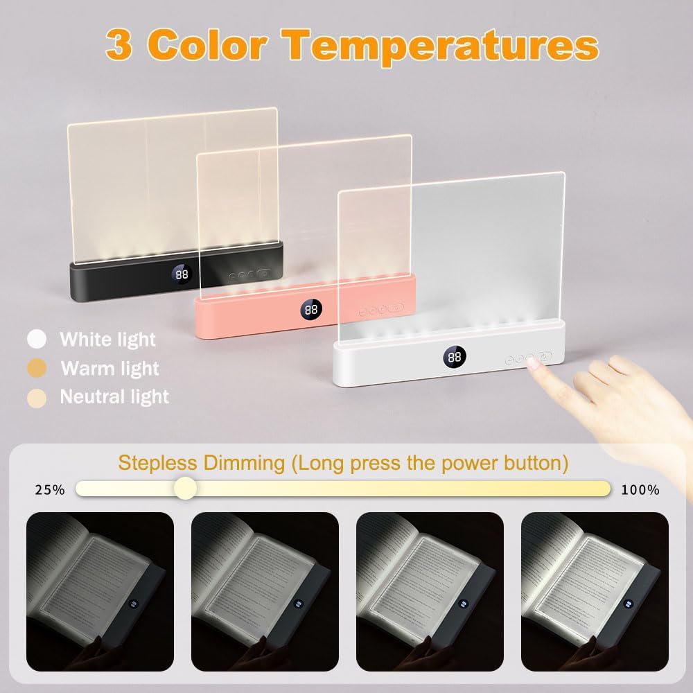 Amber Book Light, Rechargeable Clear LED Flat Reading Light with 3 Colors & Timer, Dimmable Panel Plate Lamp Book Full Page Light for Reading in Bed at Night, Funny Gifts for Readers Book Lovers