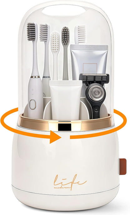 360 Rotating Toothbrush Holders for Bathrooms, 7-Slot Toothbrush Holder with Cover & Drainage, Bathroom Countertop Organizer for Electric Toothbrushes, Toothpaste & Makeup Brushes