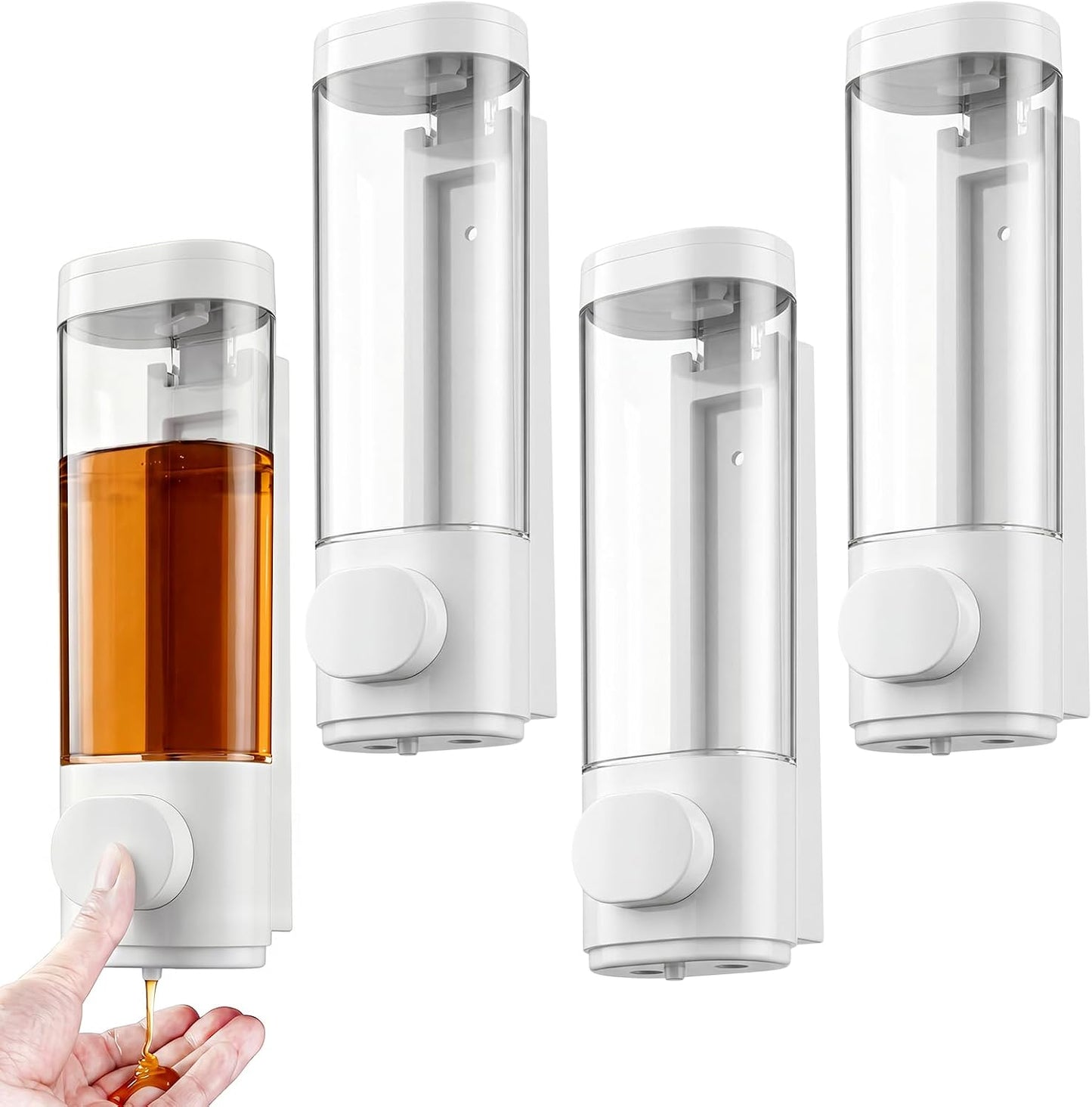 4 Pcs Manual Bathroom Wall Mounted Soap Dispenser, 300ml White Kitchen Bathroom Commercial Shower Clear Refillable Soap Dispenser Clear Plastic Refillable Liquid Lotion Pump and Organizer