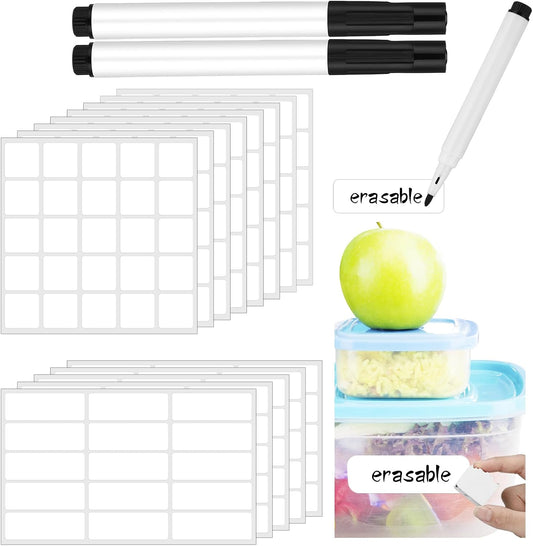 Cholemy 300 Pcs Dry Erase Labels 1"x3" & 1.5" with 2 Markers, Waterproof