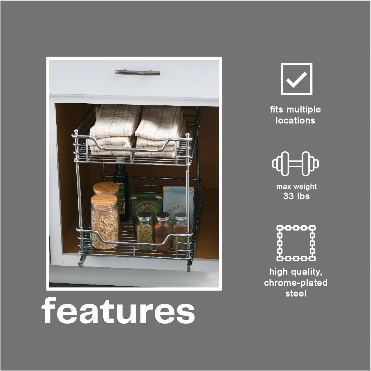 Household Essentials Glidez Multipurpose Chrome-Plated Steel Pull-Out/Slide-Out Storage Organizer for Cookware and Bakeware - 2-Tier Design - Fits Standard Size Cabinet or Shelf, Chrome