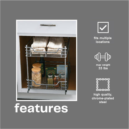 Household Essentials Glidez Multipurpose Chrome-Plated Steel Pull-Out/Slide-Out Storage Organizer for Cookware and Bakeware - 2-Tier Design - Fits Standard Size Cabinet or Shelf, Chrome