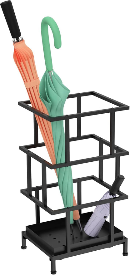 Alyoen Umbrella Holder for Entryway, Metal Umbrella Stand with Water Tray and Cane Holder, Adjustable Feet, 10.4 x 8.4 x 18.7 in, Suitable for Home, Office, and Shopping Mall (Black)
