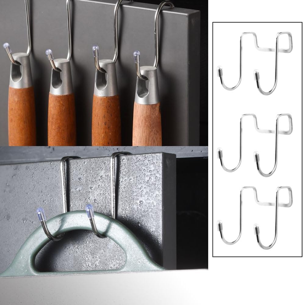 4 Pack Shower Door Hooks Stainless Steel Double Hooks Towel Hook Bathroom Squeegee Holder Over Glass Door Hook for Bathroom Semi-Frameless Sliding Shower Door Soap Saver Bag Pouch
