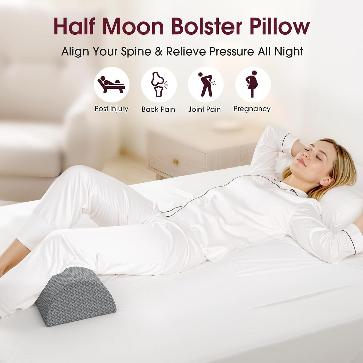 Knee Pillow for Back Sleeping Memory Foam Half Moon Bolster Pillow for Legs