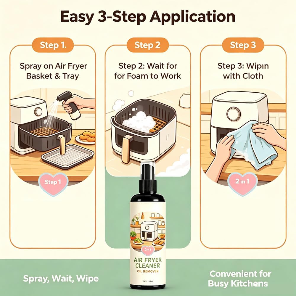 2-in-1 Air Fryer Cleaner and Degreaser Spray, Fast-Acting (1PCS) | Fast and Powerful Oil-Removing Spray, Instantly Dissolves Baked-On Grease, For Air Fryer Baskets, Racks, And Trays