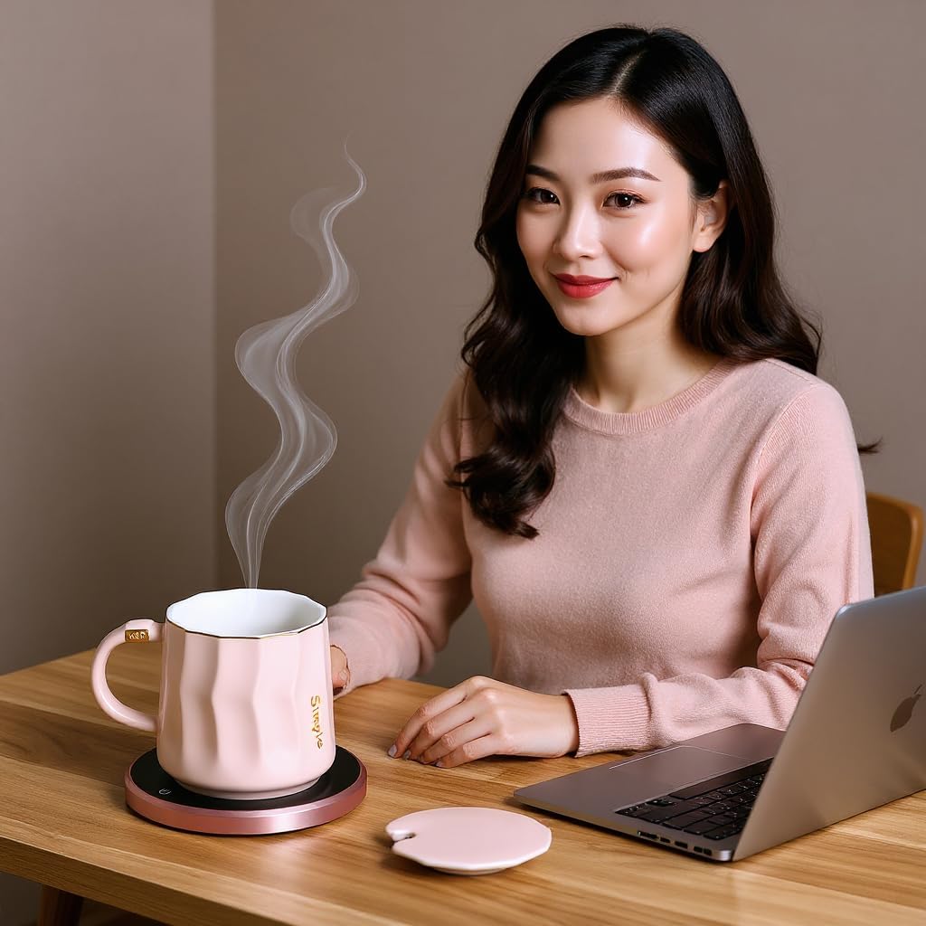 Coffee Mug Warmer Set, Smart Coffee Warmer for Desk Auto Shut Off, Cup Warmer for Office Home Use, 2 Temperature Control Heated, 13.5 oz Flat Bottom Coffee Mug, Gifts for Women, Matte Pink