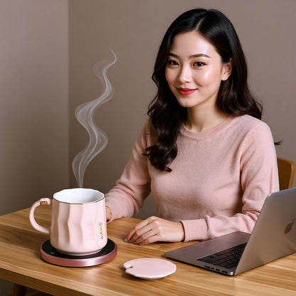 Coffee Mug Warmer Set, Smart Coffee Warmer for Desk Auto Shut Off, Cup Warmer for Office Home Use, 2 Temperature Control Heated, 13.5 oz Flat Bottom Coffee Mug, Gifts for Women, Matte Pink
