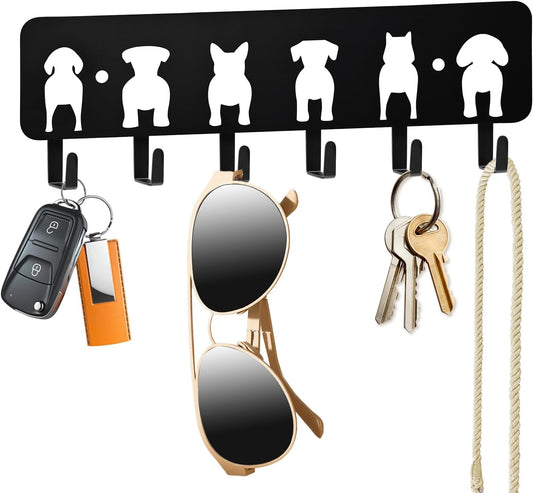 Key Hooks Decorative Dog Leash Holder for Wall, 6 Hooks 9.84×3.14 inch for Wall Decorative Animal Storage Rack Adhesive, Black Key Holder wall Mount for Entrance Living Room Kitchen-Dog Lovers Gifts