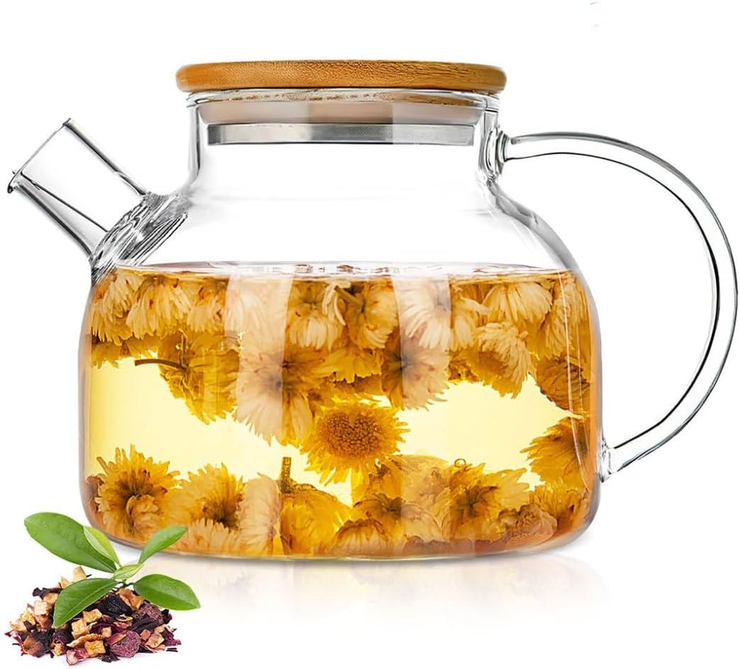 60.8oz Glass Teapot, Stovetop & Microwave Safe Glass Borosilicate Tea Pot,Clear Teapot with Strainer, Glass Tea Kettle with Wooden Lid, Loose Leaf、Fruit Tea and Fragrant Tea