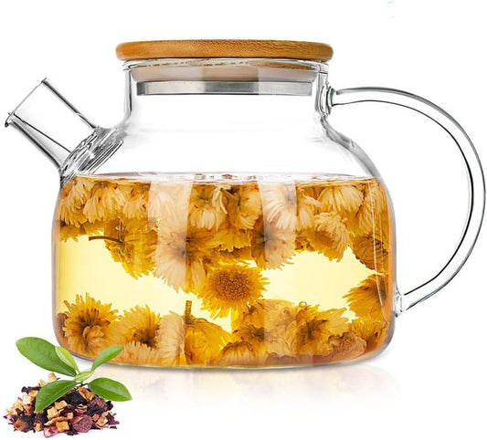 60.8oz Glass Teapot, Stovetop & Microwave Safe Glass Borosilicate Tea Pot,Clear Teapot with Strainer, Glass Tea Kettle with Wooden Lid, Loose Leaf、Fruit Tea and Fragrant Tea