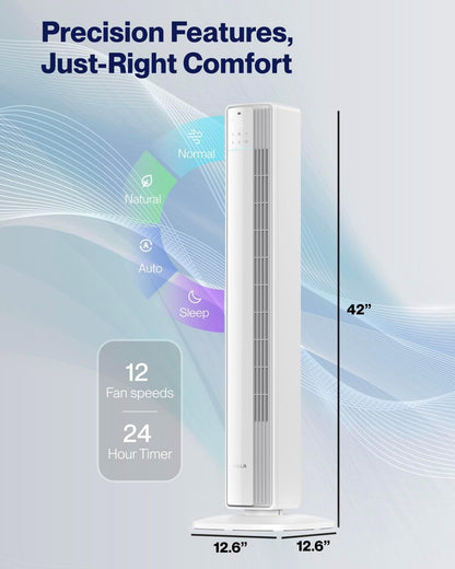 Della 42" Smart Tower Fan, Ultra Quiet 23dB Cooling Fan with 12 Speeds, 90° Oscillating, 28ft/s Airflow, DC Motor, 24H Timer, Voice/App/Remote Control for Bedroom Office Living Room, White