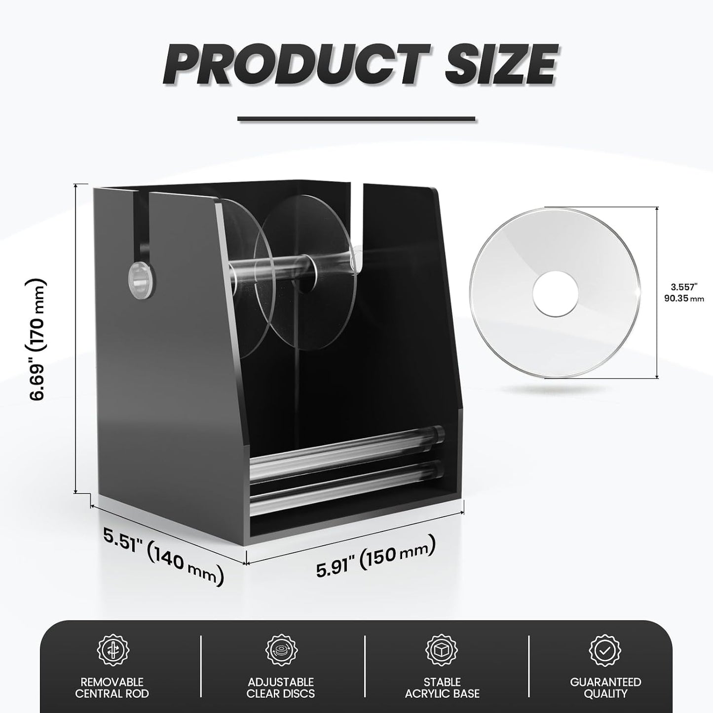 Sticker Dispenser Adjustable Label Roll Holder 2 Divider Disks | Holds 3 Rolls, Easy Assembly, Durable Acrylic, Fits Multiple Roll Sizes, Smooth Dispensing, Home, Office, Retail, Business