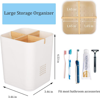 Electric Toothbrush Holder Tooth Brush and Toothpaste Organizer, Black | 3 Slots, Drainage Holes, Removable Bamboo Divider, Ventilation Design, Space-Saving, for Bathroom Countertop, Shower, Vanity