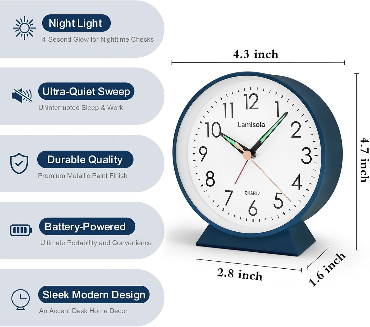 4.5 Inch Small Desk Clock Battery Analog Alarm Clock for Bedroom, Black
