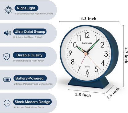 4.5 Inch Small Desk Clock Battery Analog Alarm Clock for Bedroom, Black
