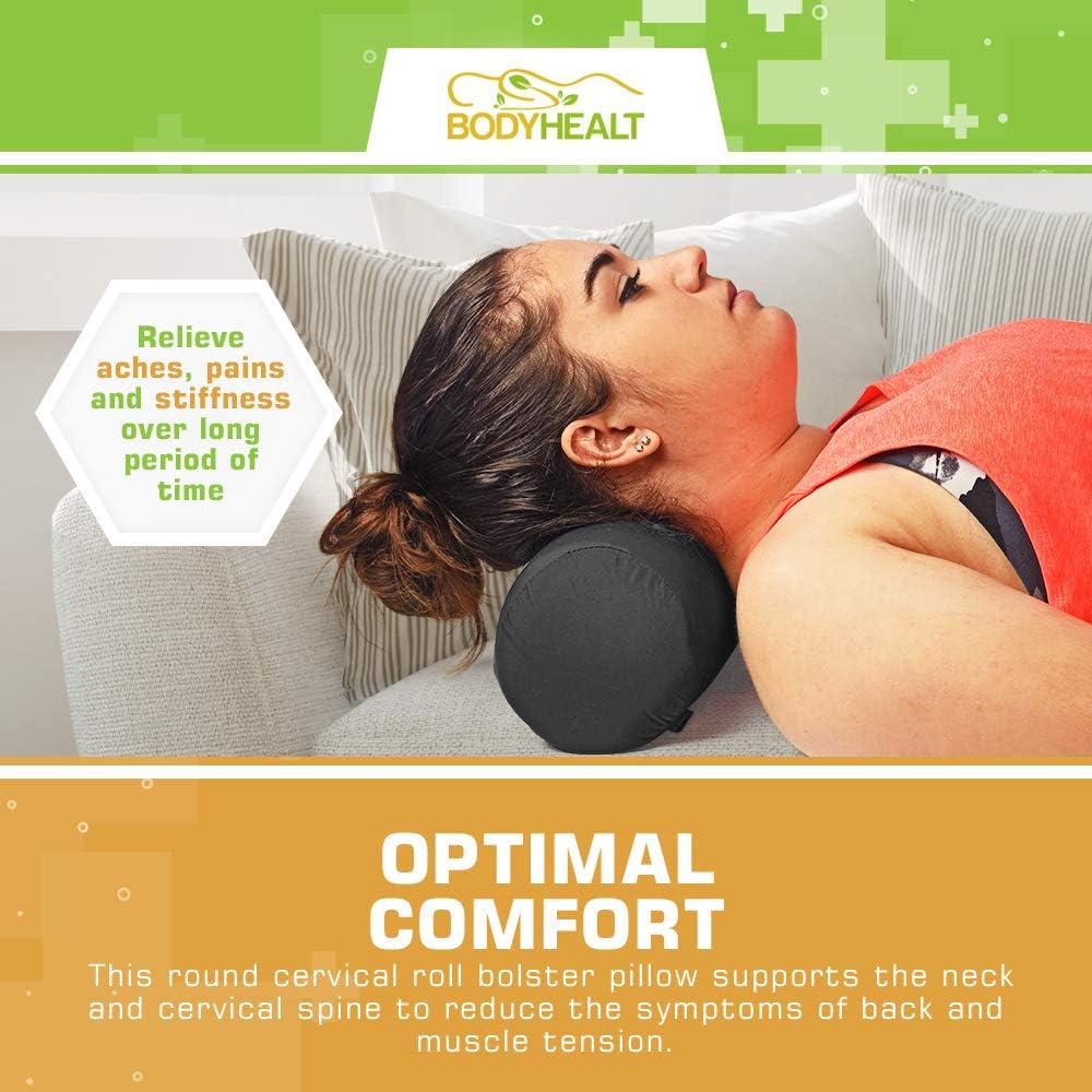 BodyHealt Neck Roll - Original Cervical Round Pillow for Head, Spine & Back Pain Relief. Circle Support for Sleeping. Cylinder Firm Lumbar Bolster