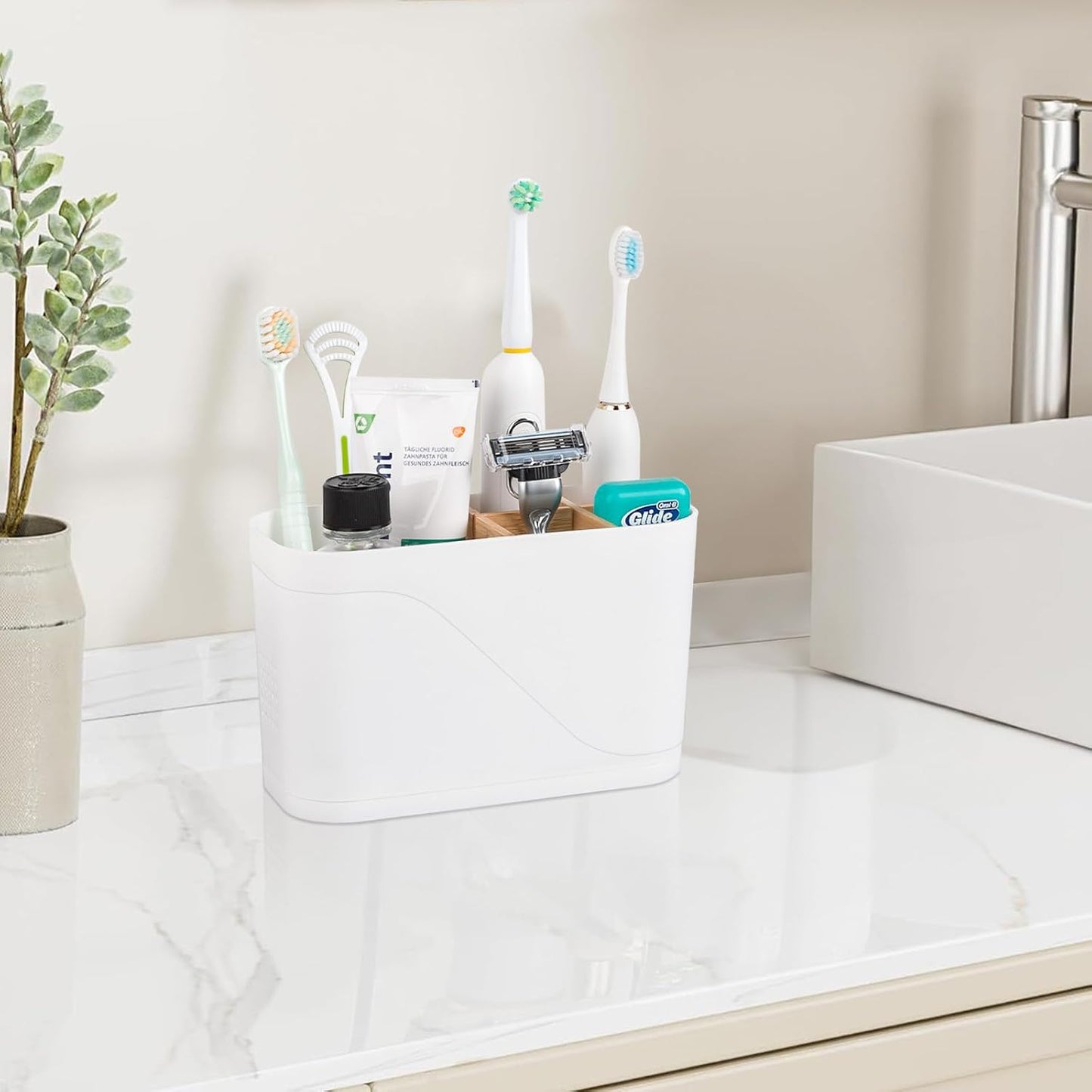 Electric Toothbrush Holder Tooth Brush and Toothpaste Organizer, Black | 3 Slots, Drainage Holes, Removable Bamboo Divider, Ventilation Design, Space-Saving, for Bathroom Countertop, Shower, Vanity
