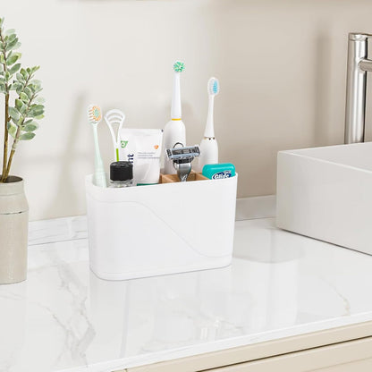 Electric Toothbrush Holder Tooth Brush and Toothpaste Organizer, Black | 3 Slots, Drainage Holes, Removable Bamboo Divider, Ventilation Design, Space-Saving, for Bathroom Countertop, Shower, Vanity