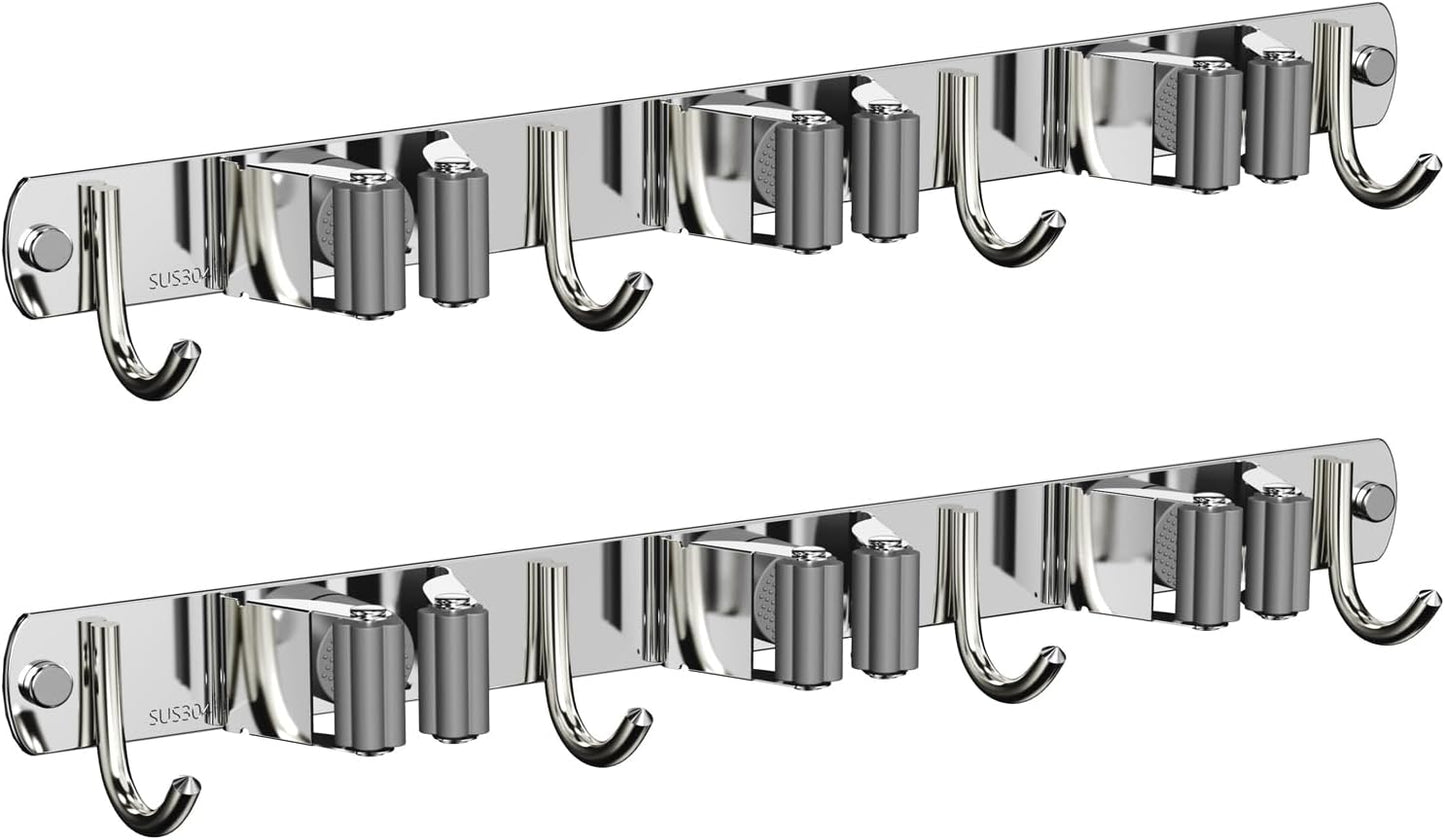 CUXIXA Mop and Broom Holder Wall Mount, Upgraded Broom Organizer Wall Mount, Stainless Steel Broom Hanger Wall Mount for Home Kitchen Garden Laundry Garage (3 Racks with 4 Hooks)