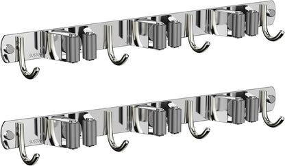 CUXIXA Mop and Broom Holder Wall Mount, Upgraded Broom Organizer Wall Mount, Stainless Steel Broom Hanger Wall Mount for Home Kitchen Garden Laundry Garage (3 Racks with 4 Hooks)