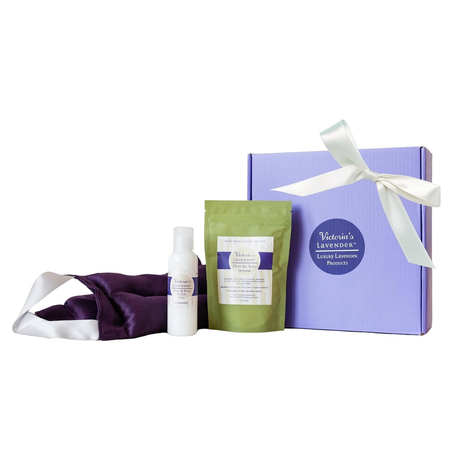 Victoria's Lavender Luxury Lavender Relaxing Spa Gift Basket, Set of 3 | Neck Wrap, Dead Sea Bath Salts, and Hand & Body Lotion , Microwavable Neck Heating Pad Filled with Lavender Buds & Flax Seed