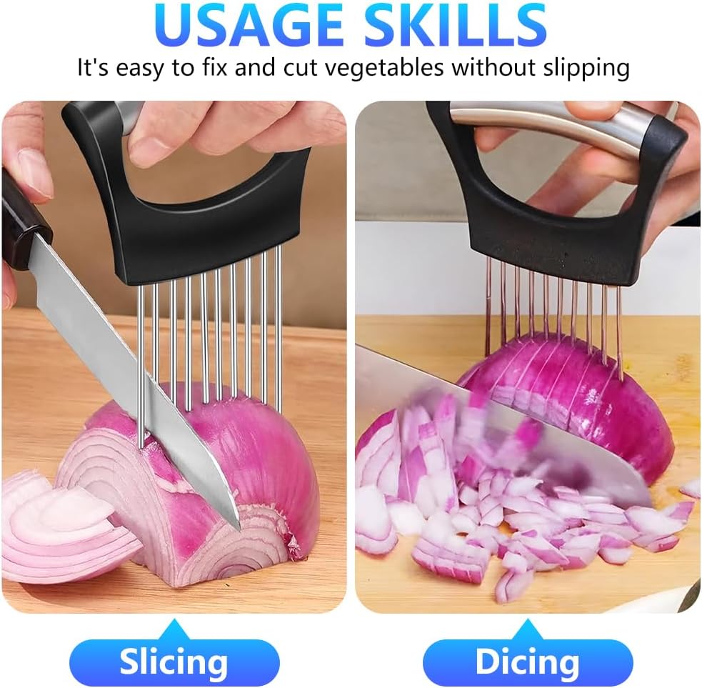 Stainless Steel Onion Holder for Slicing, Onion Slicer and Cutter, Kitchen Utensil for Onions, Tomatoes, Avocados, Eggs, Meat and Vegetables (4Pcs)