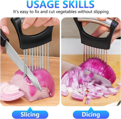 Stainless Steel Onion Holder for Slicing, Onion Slicer and Cutter, Kitchen Utensil for Onions, Tomatoes, Avocados, Eggs, Meat and Vegetables (4Pcs)