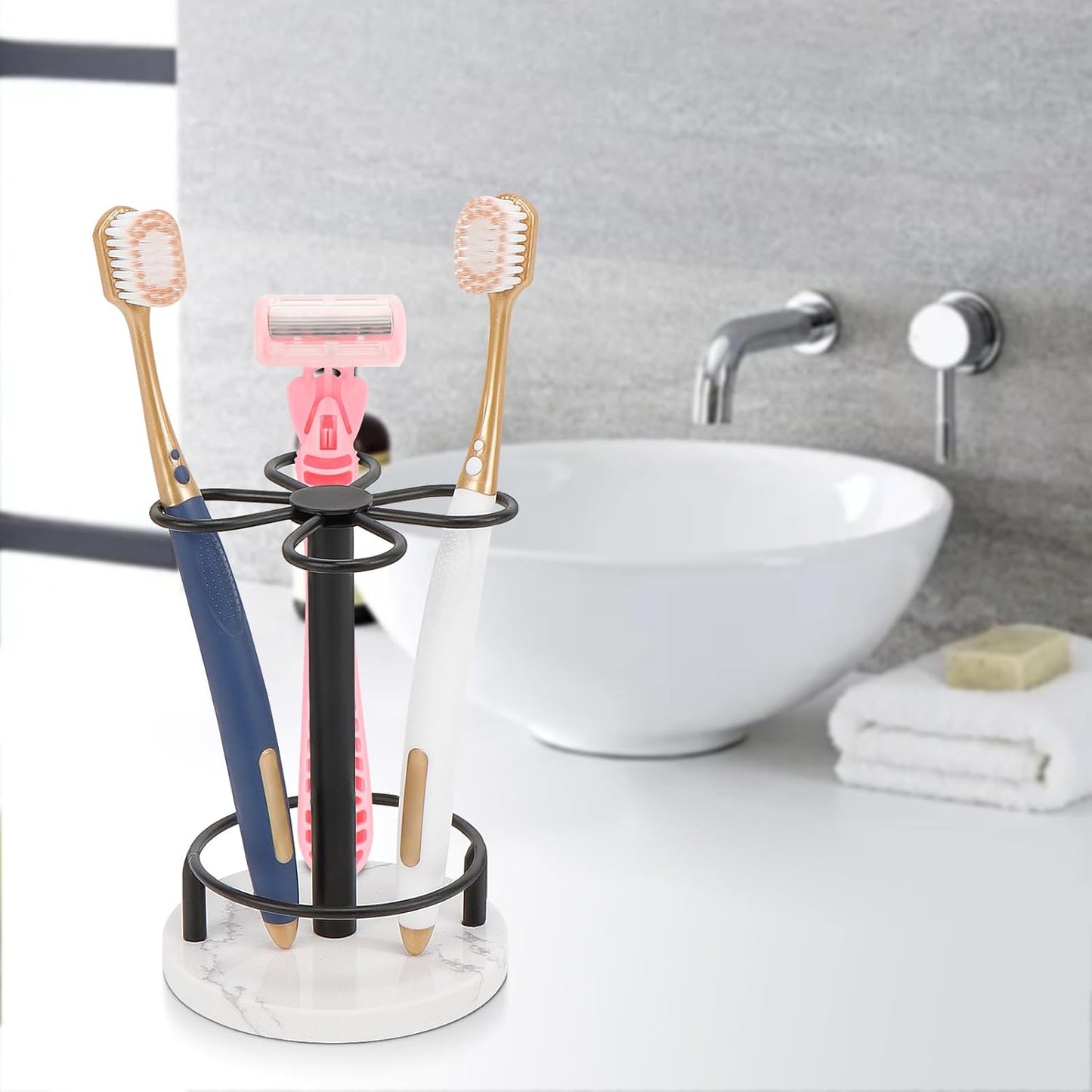 Toothbrush Holder Stand for Bathroom, Metal Toothbrush Organizer with Marble Base, Toothbrush Storage Collection for Family, Suitable for Home Hotel Countertop Vanity (Small, Matte Black)