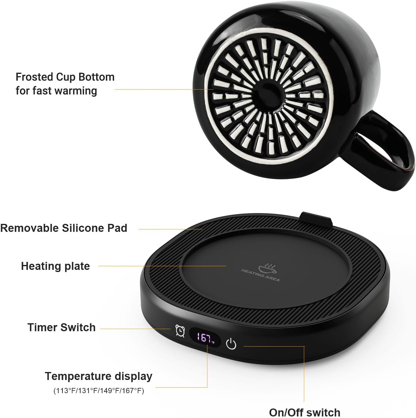 Coffee Mug Warmer & Pure Black Mug Set, Electric Cup Warmer for Desk | Beverage Warmer Plate for Coffee,Tea,4 Temperature Setting,8-Hours Auto Shut Off,14oz Mug with Spoon & Bamboo Lid Included