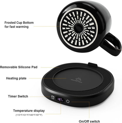Coffee Mug Warmer & Pure Black Mug Set, Electric Cup Warmer for Desk | Beverage Warmer Plate for Coffee,Tea,4 Temperature Setting,8-Hours Auto Shut Off,14oz Mug with Spoon & Bamboo Lid Included