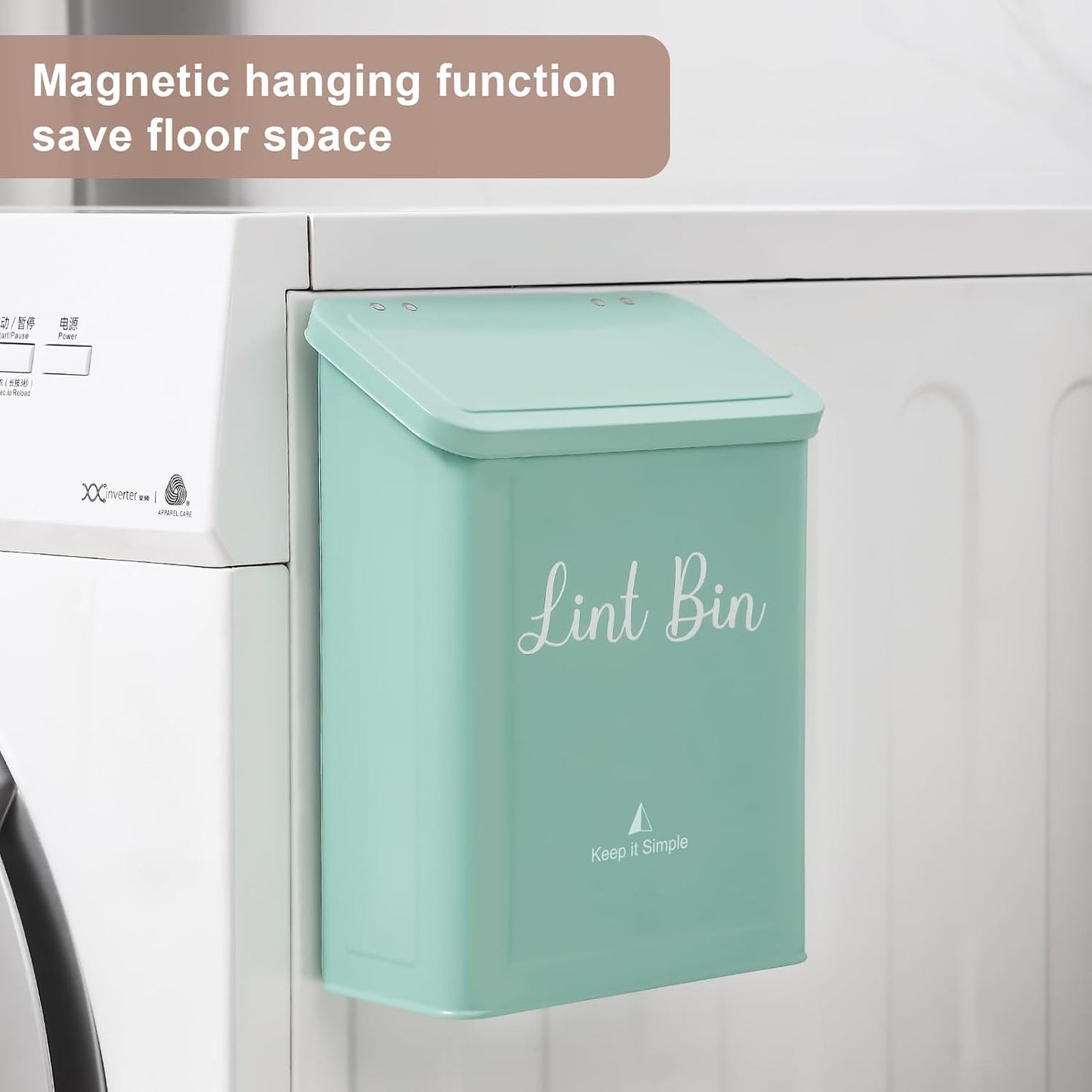 SUBEKYU Magnetic Lint Bin for Laundry Room Organization and Storage,White | Wall Mounted Metal Lint Box Holder Trash Can with Lid for Dryer,Lint Basket for Laundry Room Decor