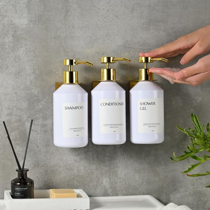 Shampoo and Conditioner Dispenser Set of 3 for Wall Mount | 16.9 fl oz Drill Free Shower Soap Bottles,Refillable Body Wash Dispensers for Bathroom Decor (Amber Bottles + Bamboo Pumps)