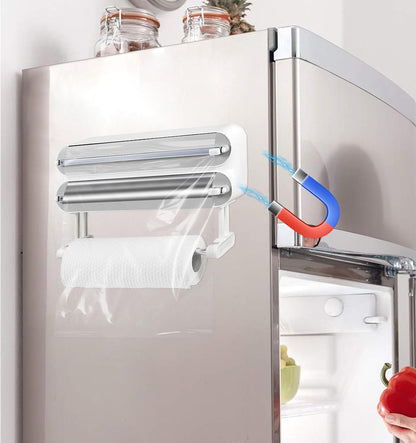 AUSTUFF 3 in 1 Plastic Wrap Dispenser with Cutter Magnetic Aluminum Foil | Wall Mount Kitchen Wrap Organizer, Cling Wrap Dispenser with Paper Towel Holder and Cutter