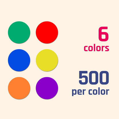 1/2" - Colored Dot Stickers, Round Labels - 6 Colors