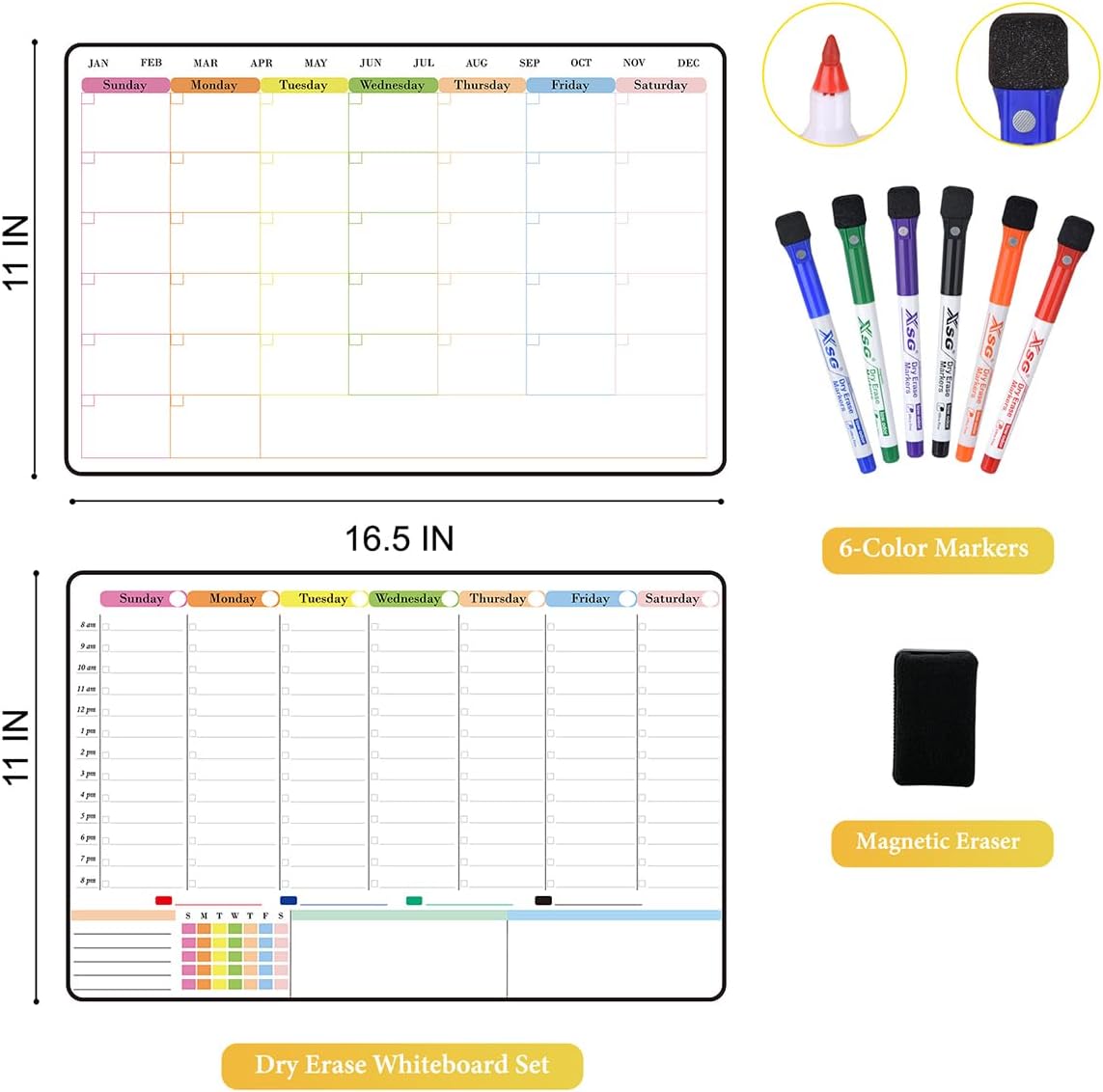 POPRUN Dry Erase Weekly Calendar Whiteboard, Magnetic Hourly Schedule Board | 16.9 x 11" Weekly Planner for Fridge, Time Slots, Family Daily Planning for Refrigerator, Homeschool, Work