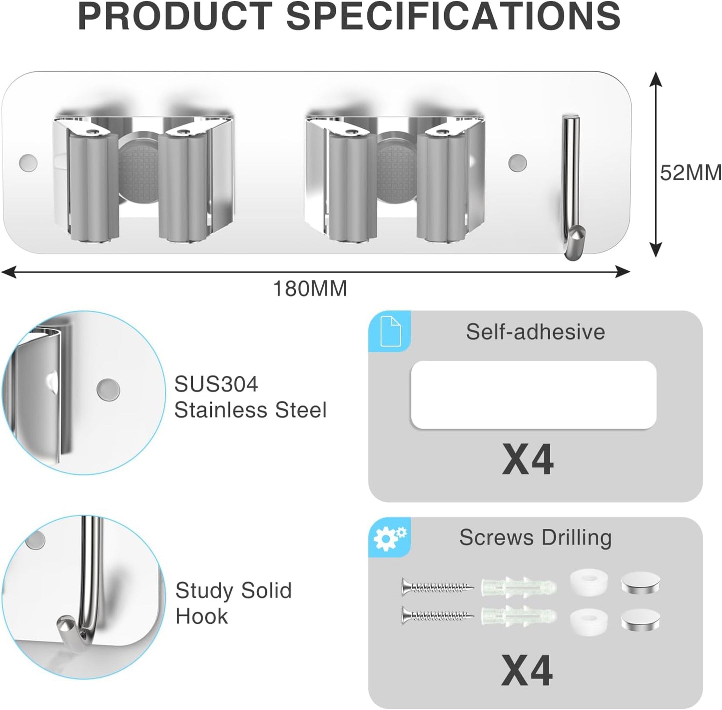 homeasy Wall Mount Mop and Broom Holder, Heavy Duty Stainless Steel Organizer Rack with Hooks | 2-Pack, 2-in-1 No Drill & Screw Installation, Silver
